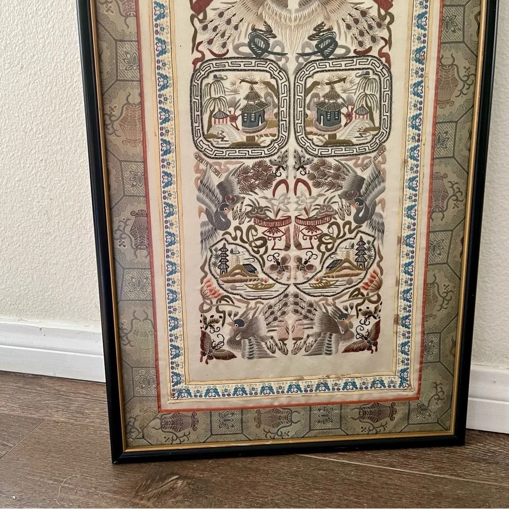 Vintage Chinese Silk Embroidery Panel 26x13